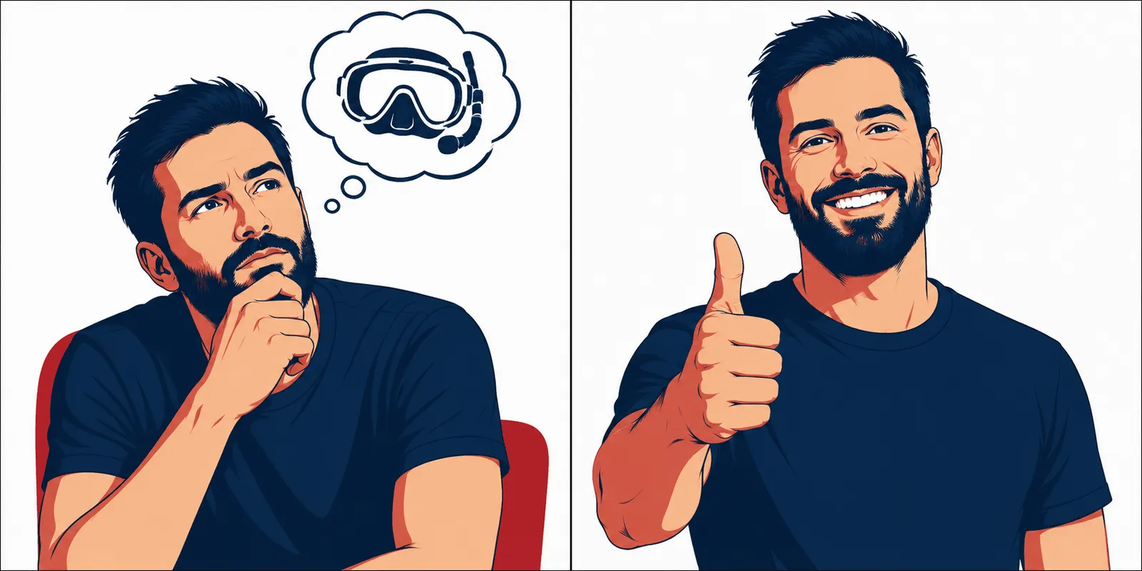 Illustration of a man thinking, then smiling and giving a thumbs up